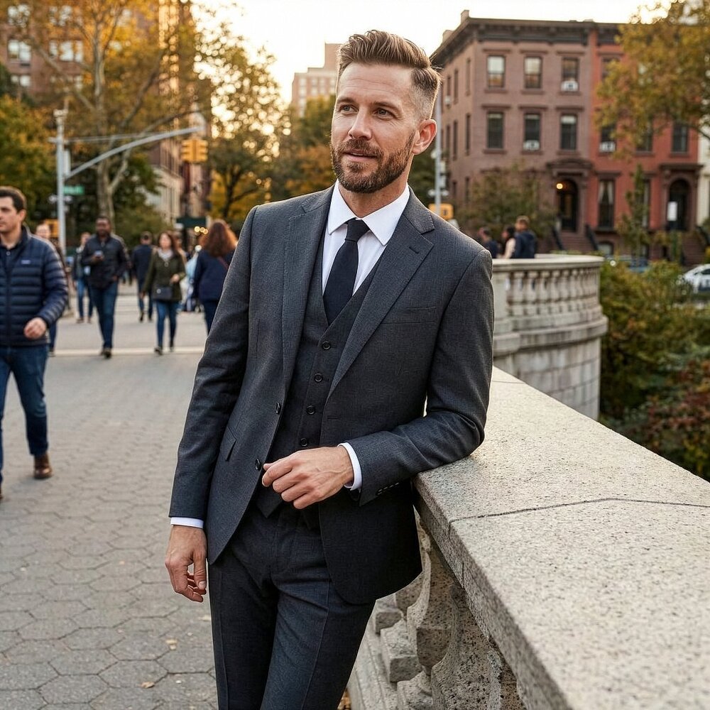 New 2026 Mens 3pc Charcoal Suit Set, Hybrid Fit